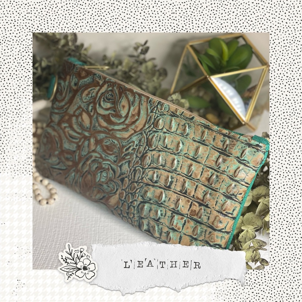 Wristlet green and metallic gold embossed roses and crocodile print design